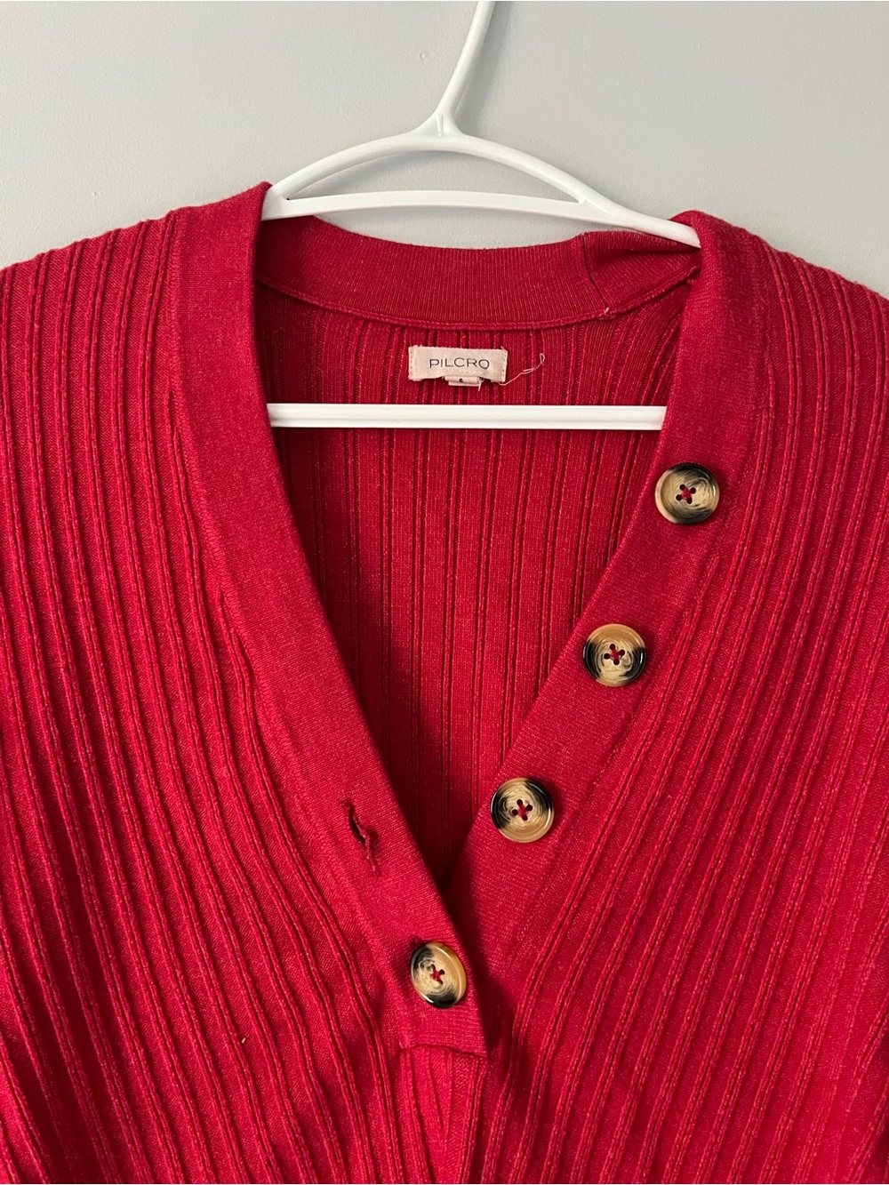 Anthropologie Pilcro Red Ribbed Asymmetric Button-Front V-neck Long Sleeve Top - Picture 2 of 11